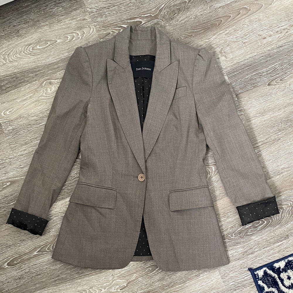 Tara Jarmon Gray/Brown Blazer with Polka Dot Lining
